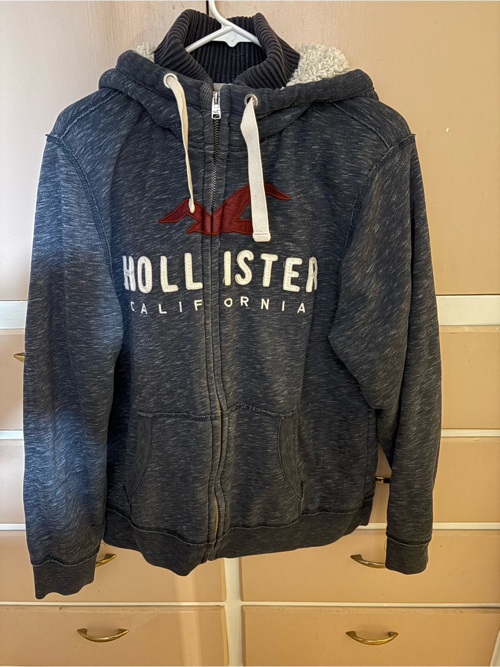 Hollister Men’s Navy Heather Zip-Up Sweatshirt with Red Logo